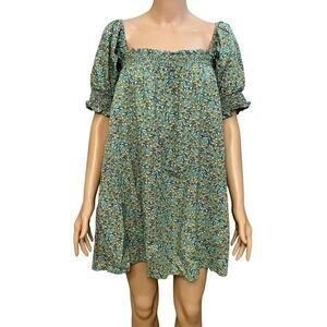 Green Floral Square-Neck Mini Dress with Puff Sleeves